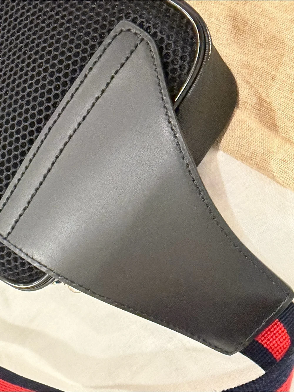 Gucci Black GG Supreme Belt Bag with Red and Navy Web Strap